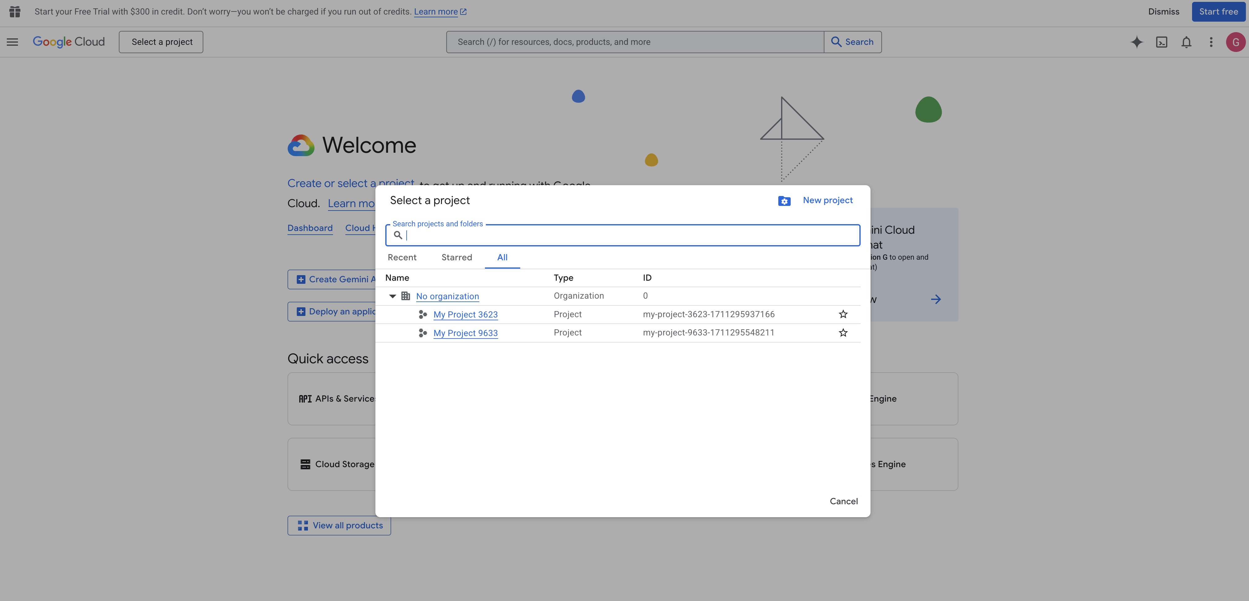 Select a project dropdown