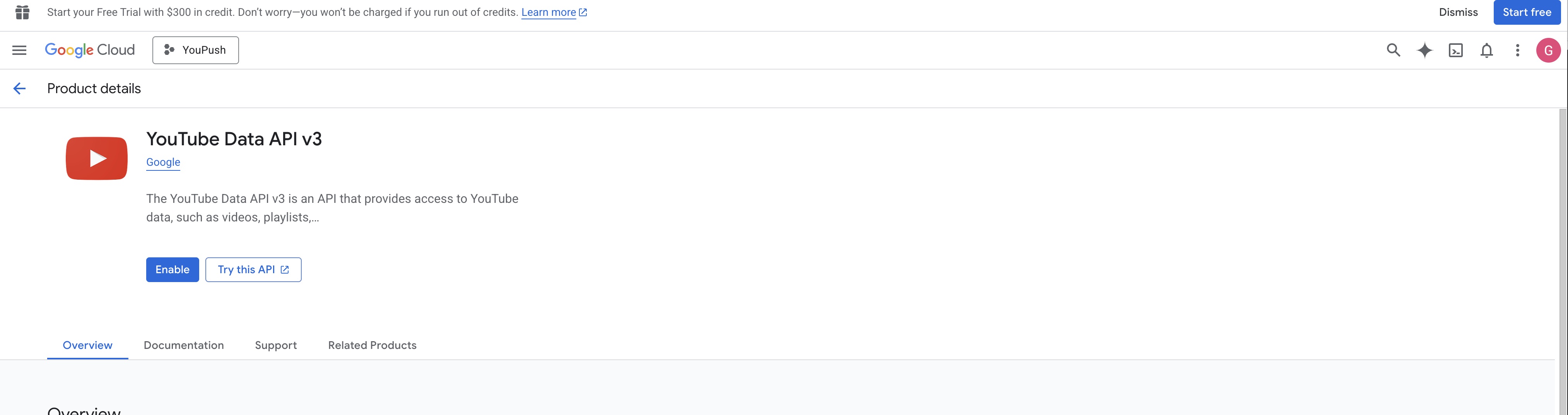 YouTube Data API v3 with Enable button