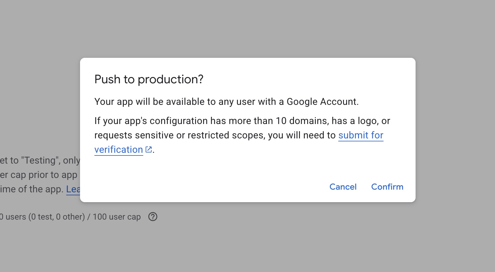 Push to production confirmation dialog with Confirm button
