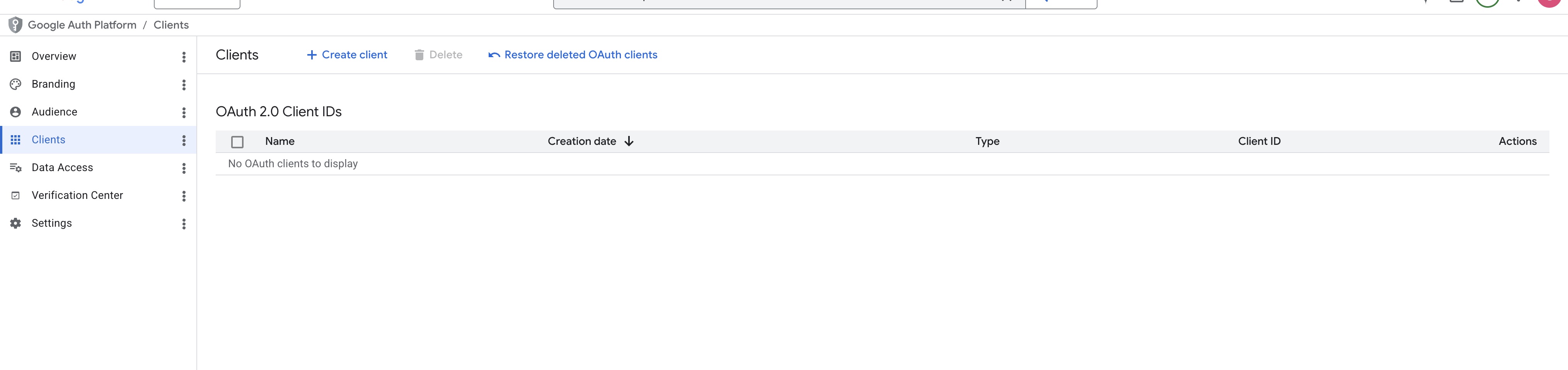 Empty Clients page with Create client button