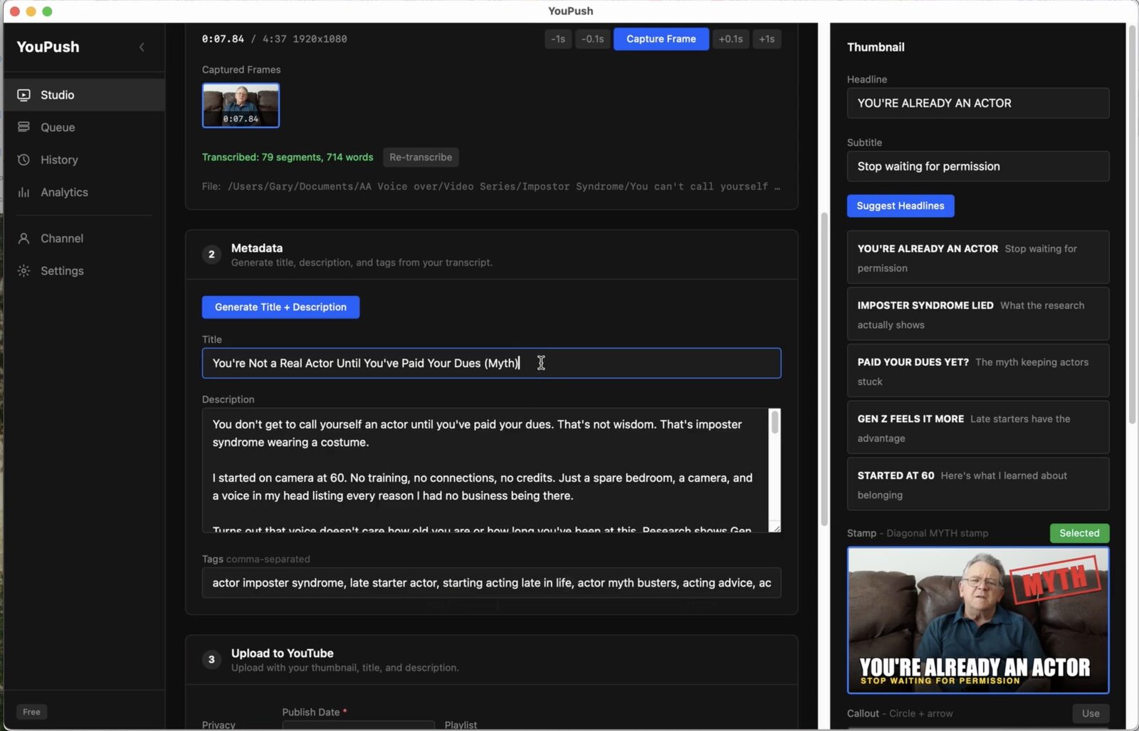 YouPush editable title, description, tags, and thumbnail