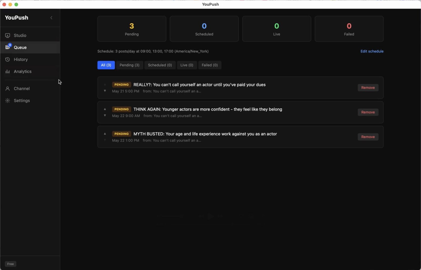 YouPush Queue with scheduled uploads
